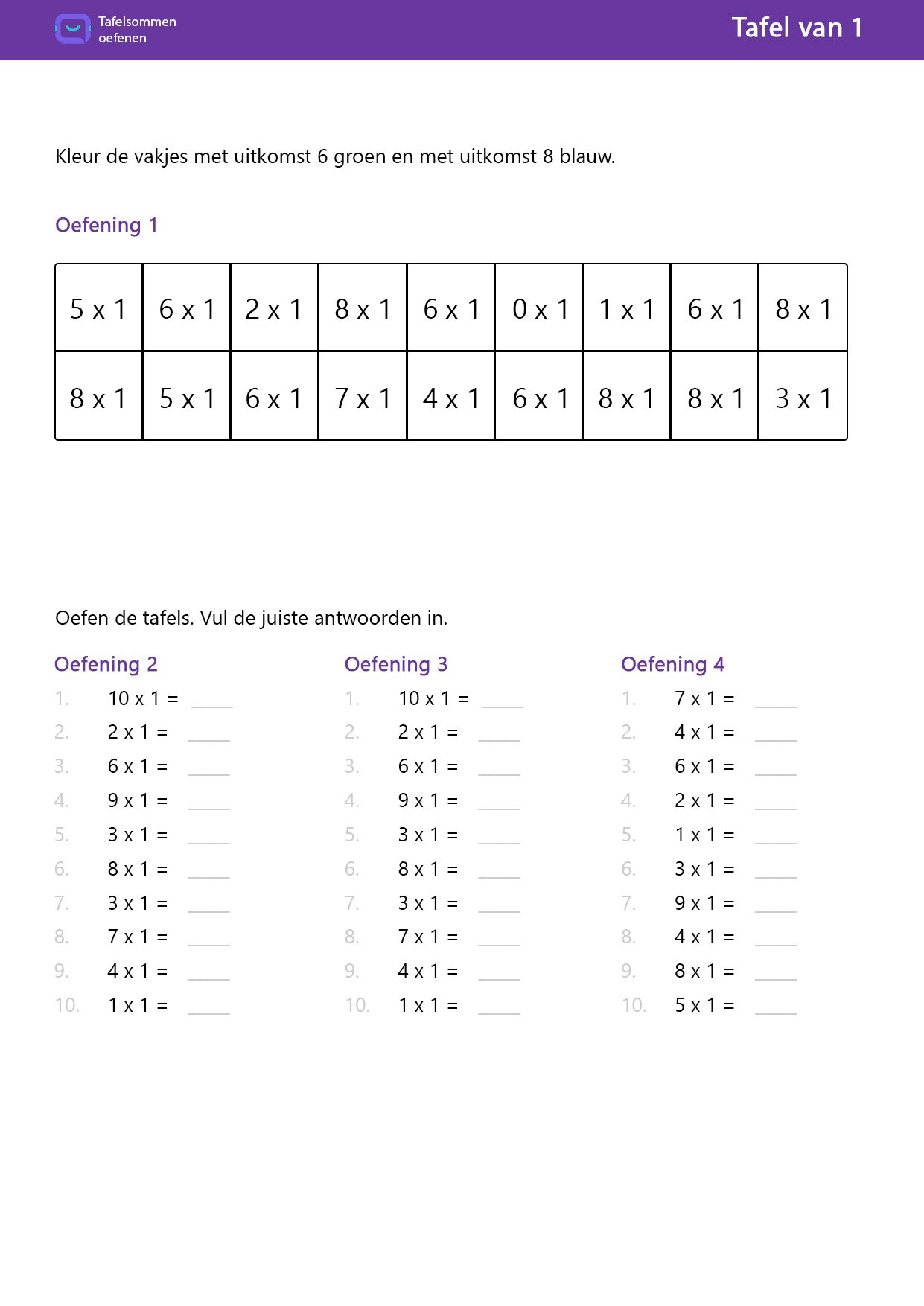 Tafel van 1 kleur de vakjes en 30 oefenopdrachten