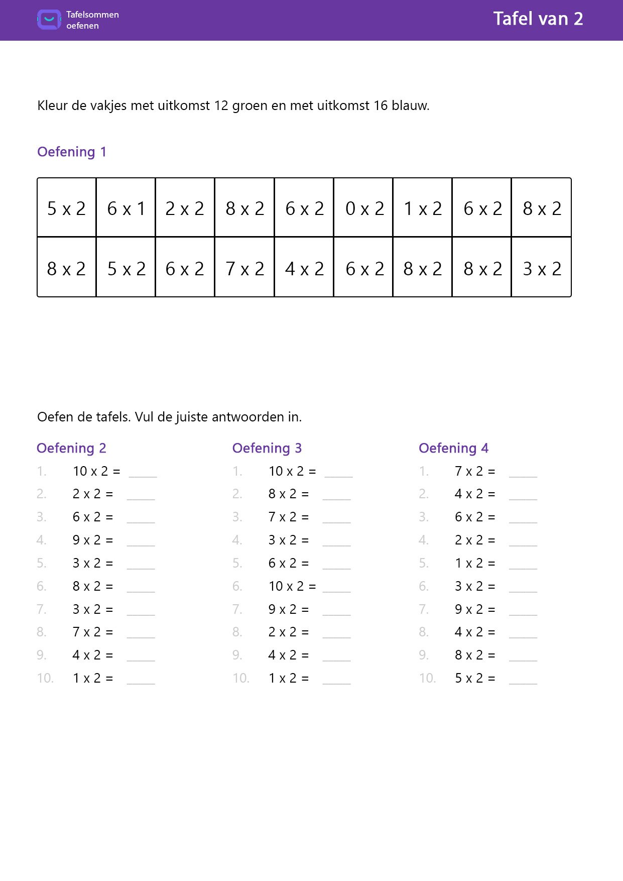 Tafel van 2 kleur de vakjes en 30 oefenopdrachten