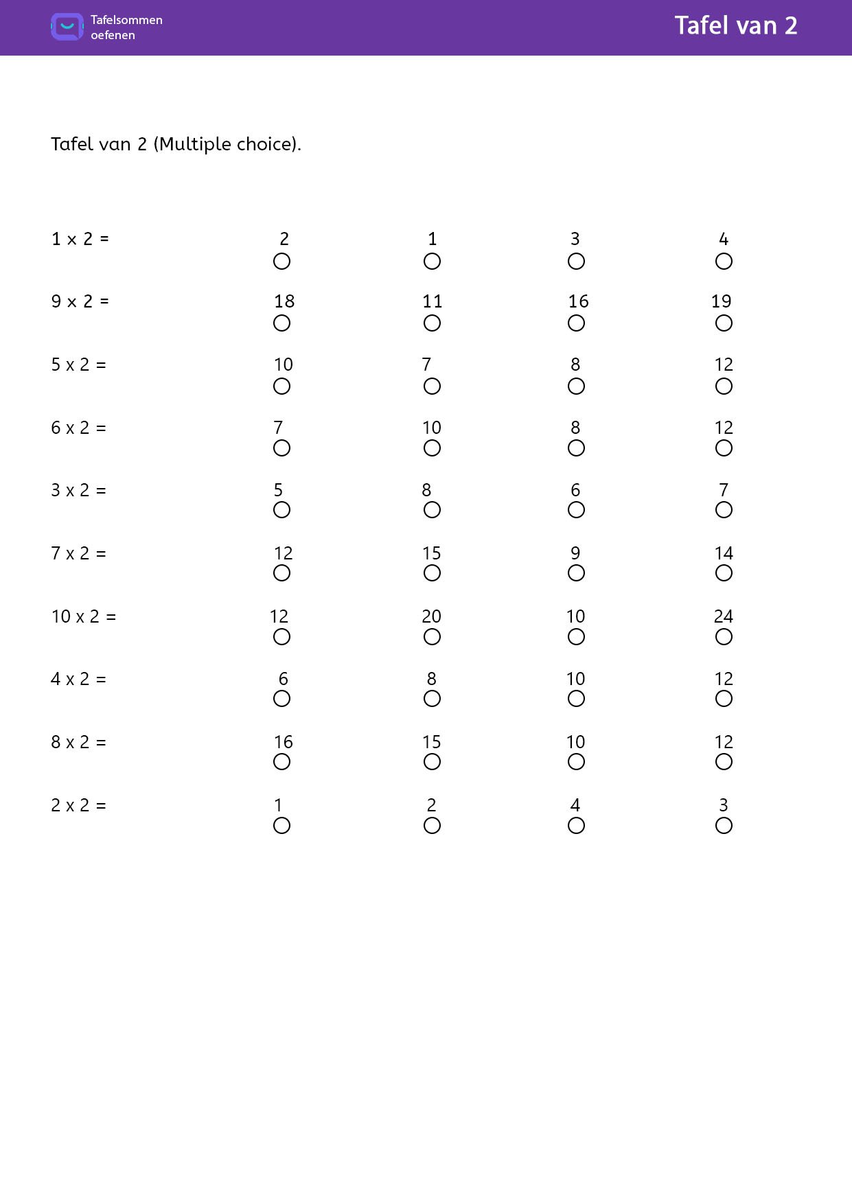Tafel van 2 Multiple choice