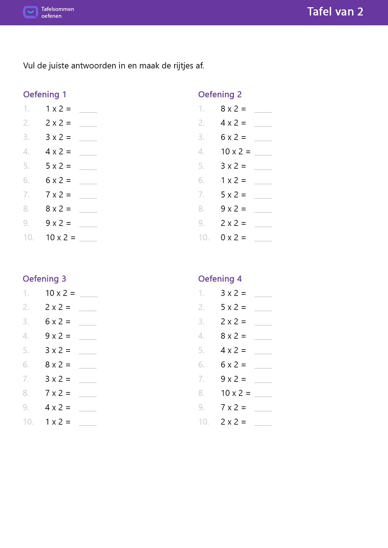 Tafel van 2 Uitkomst invullen (40 sommen)