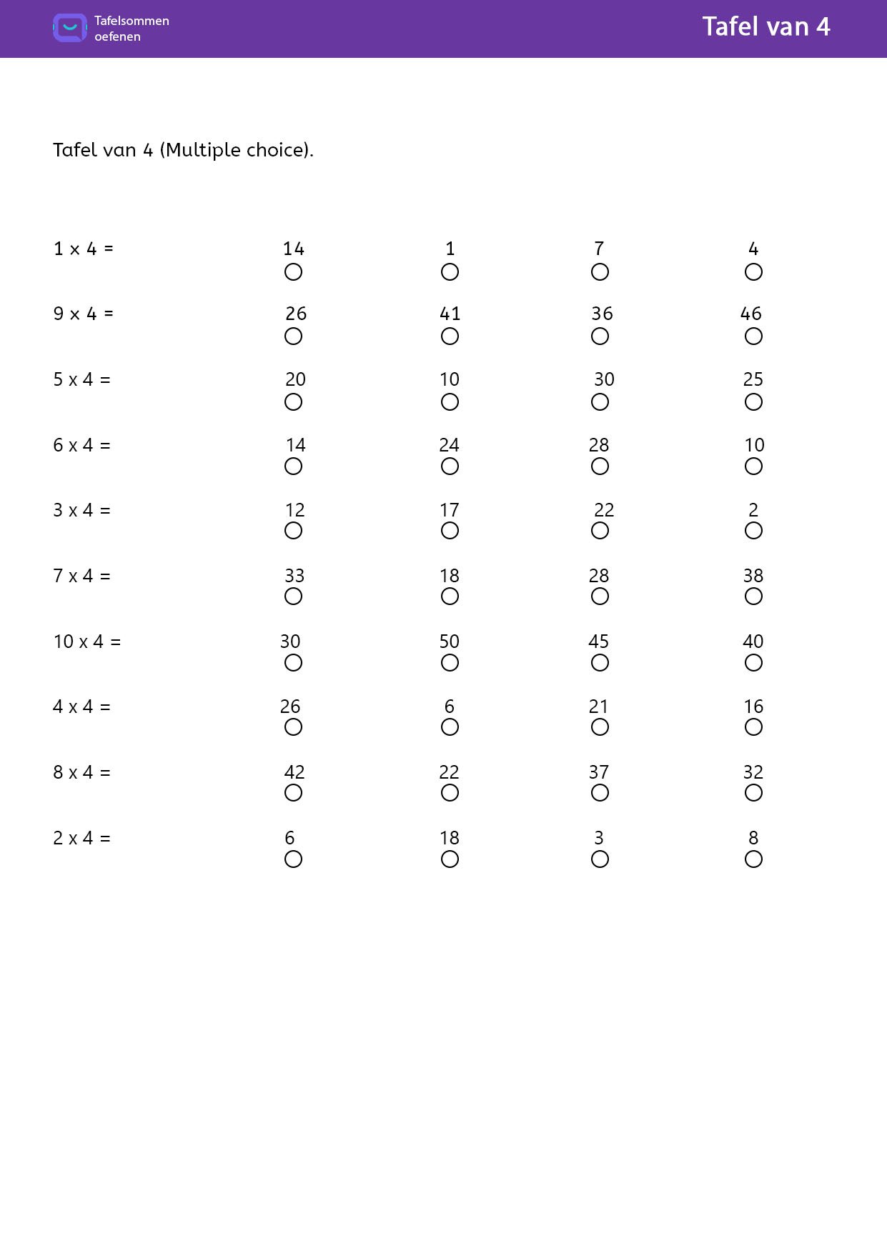 Tafel van 4 Multiple choice
