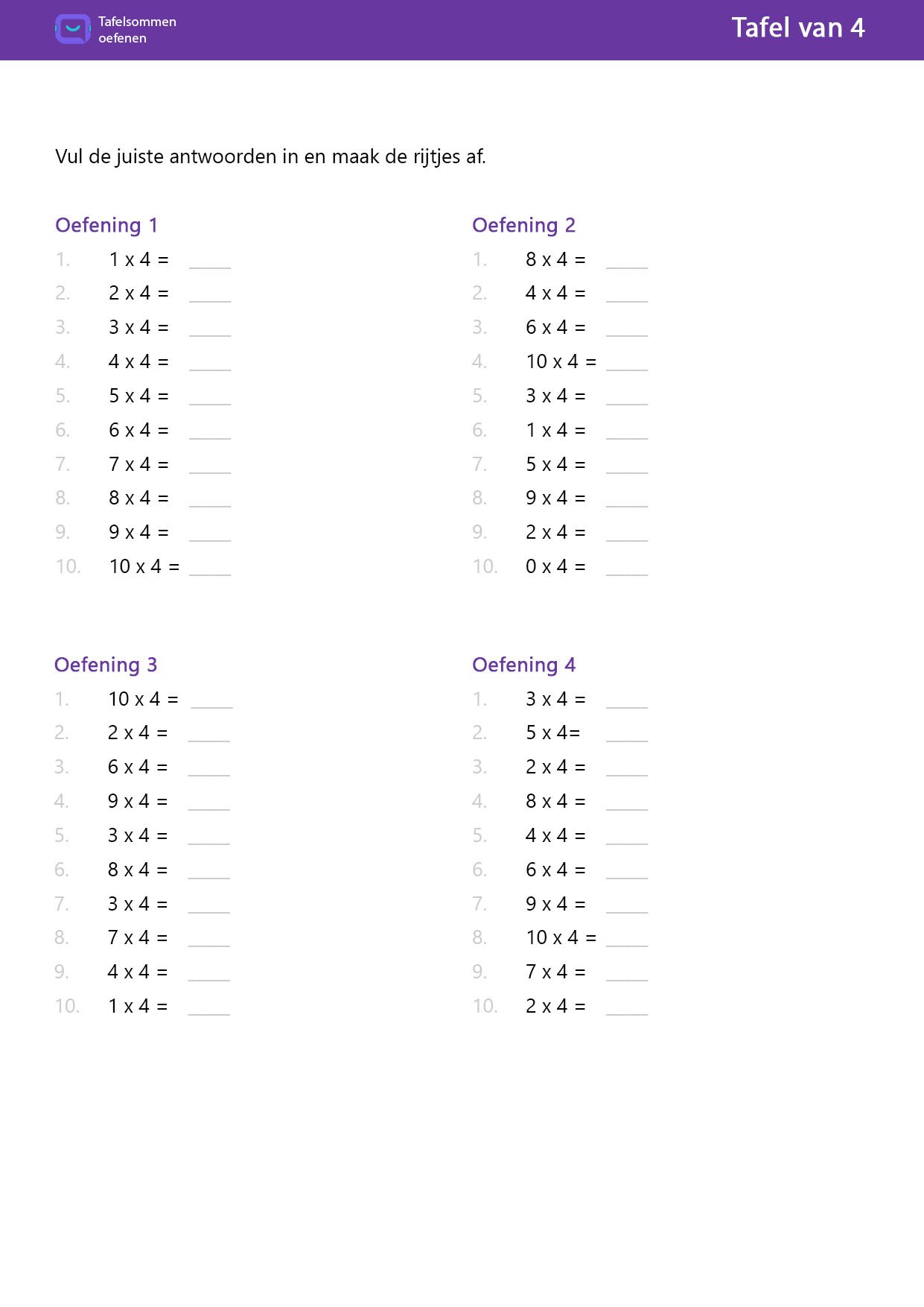 Tafel van 4 Uitkomst invullen (40 sommen)