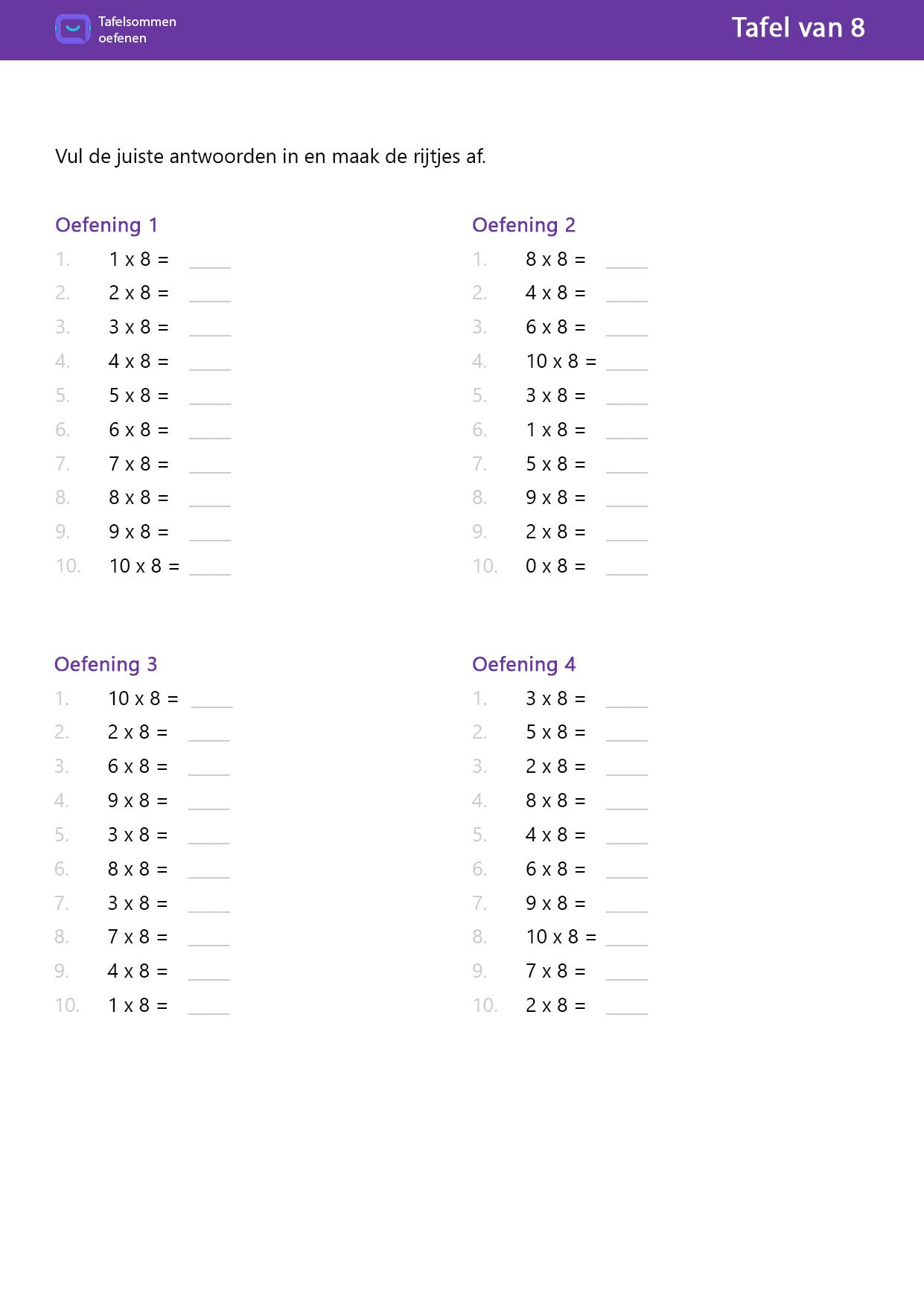 Tafel van 8 Uitkomst invullen (40 sommen)