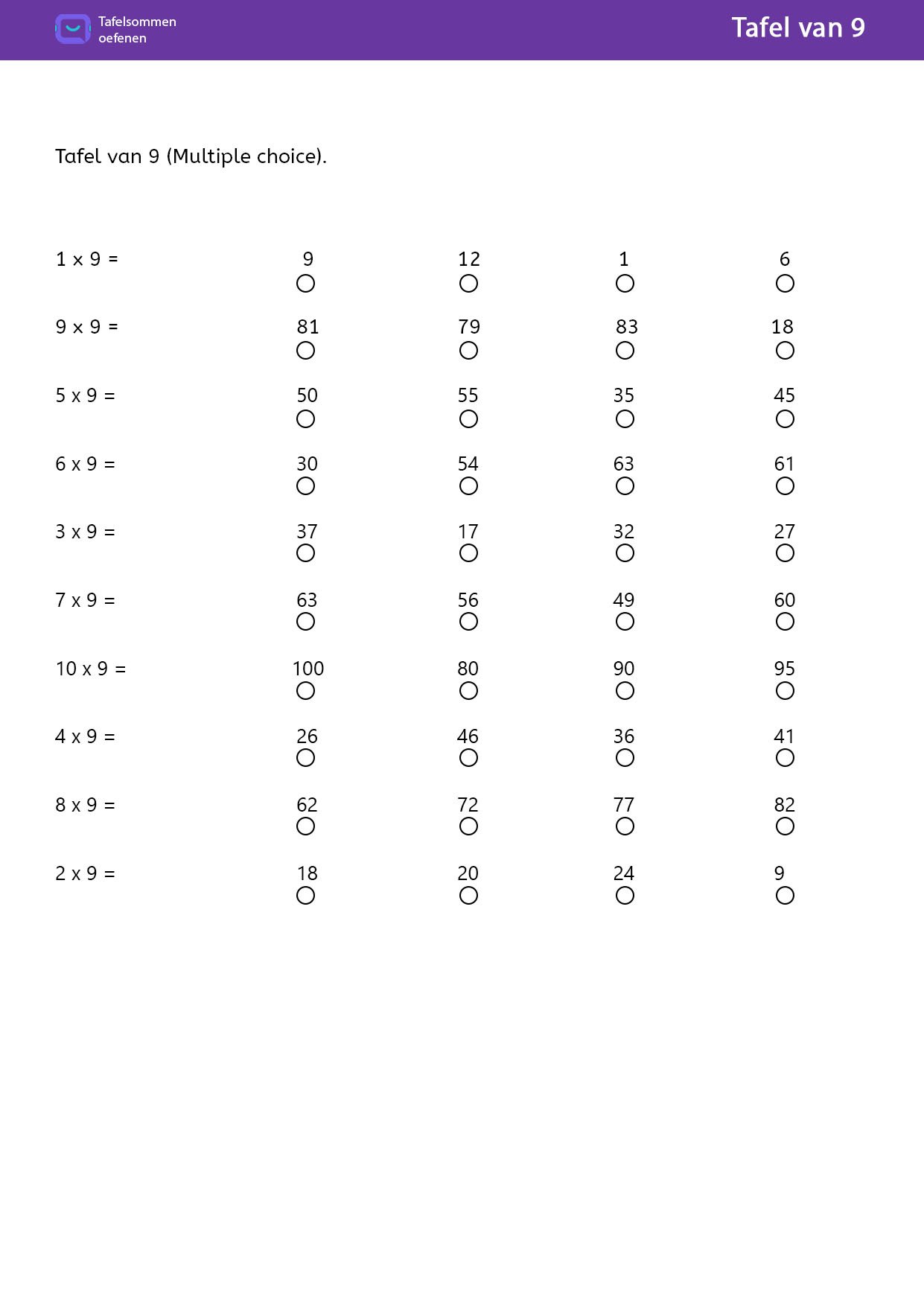 Tafel van 9 Multiple choice